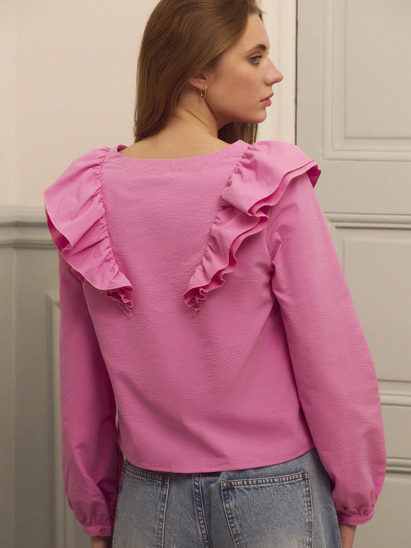 Pink Button Front Blouse With Oversized Ruffle Details