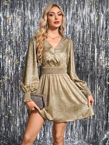 SHEIN Clasi 花卉印花优雅V领浪漫淑女连衣裙 - 金色 - 查看 7
