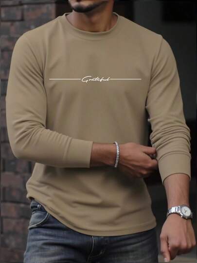 Manfinity Homme Camiseta casual de manga larga con cuello redondo y estampado de letras para hombre