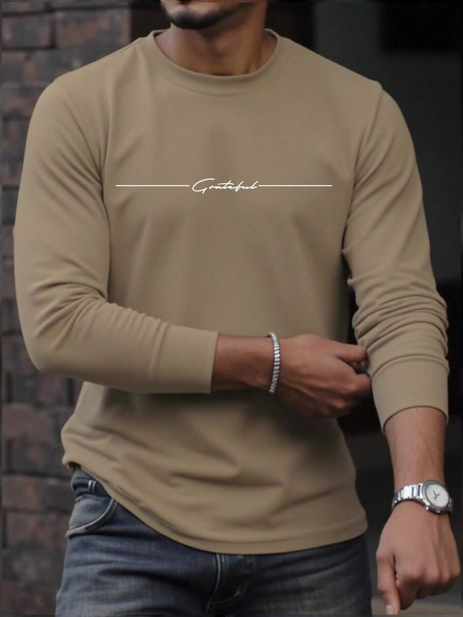 Manfinity Homme 男士字母印花圆领长袖休闲T恤，翻领长袖男装，男士休闲上衣，男士高领衬衫，夏季高领男装，男士长袖T恤 - 駝色 - 查看 1