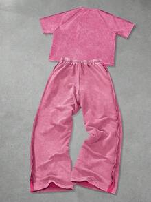 Manfinity EMRG 2 件套年轻男士街头风格简约棉质短袖 T 恤和阔腿裤，采用做旧雪花面料，休闲街头装，适合日常、休闲、时尚、街头风格，可作为节日礼物 - 粉色 - 查看 2