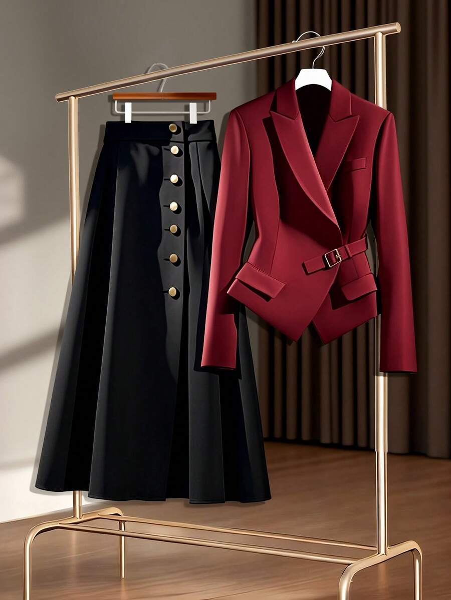 GlowEve 女装2025秋冬新款优雅通勤安可红日常长袖套装2件套 - 酒紅色 - 查看 1