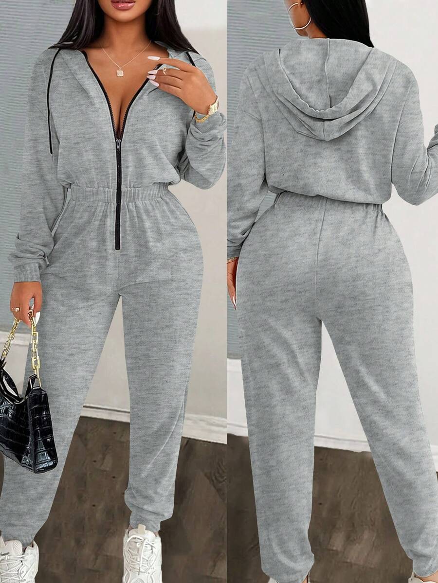 VaVaBold Casual Drawstring Hooded Jumpsuit, Autumn - Light Grey - View 1