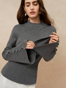 Cévolie 女士珍珠装饰高领长袖针织毛衣 - 灰色 - 查看 4