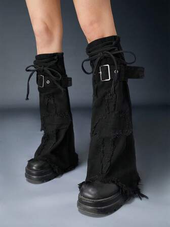 Grunge Punk 1 Paio Di Calzini Punk Neri Tinta Unita, Stile Y2K Con Anello Quadrato In Ferro, Design Alla Moda E Caldo, Adatti Per Uso Quotidiano, Adatti Per Autunno E Inverno, Occasioni Di Vacanze E Feste