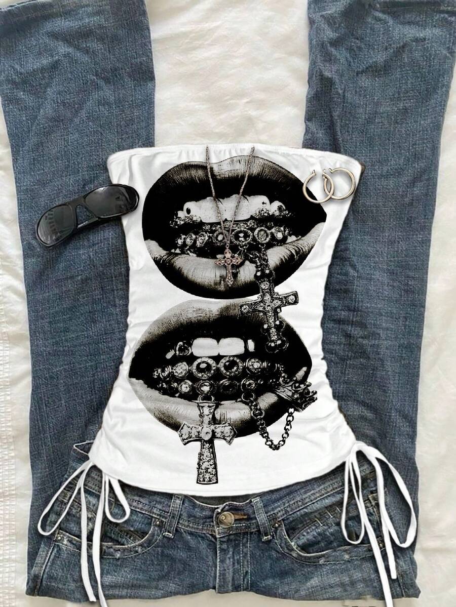 Attitoon Crop Top Seksi dengan Motif Bibir dan Detail Kerut di Bagian Depan untuk Wanita, Modis untuk Musim Semi/Panas - MultiWarna - View 1
