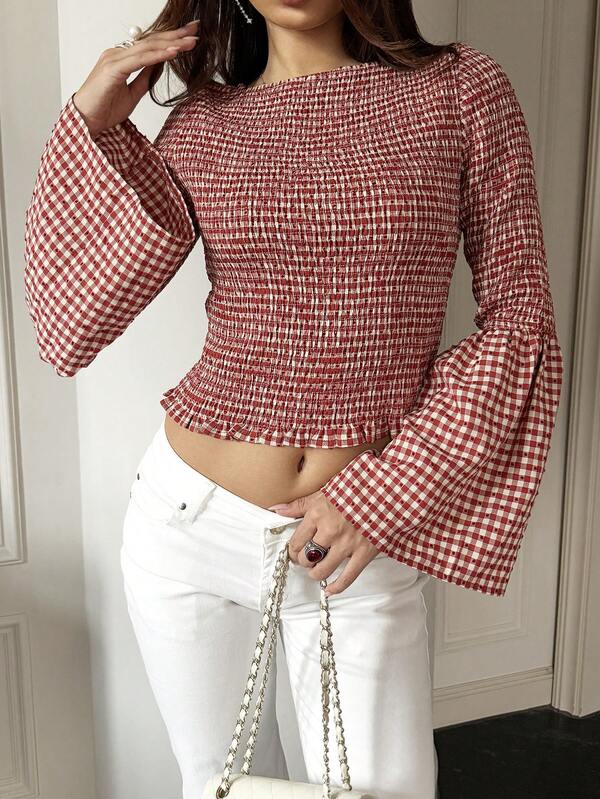 Sunnyshic Camisa de mujer a cuadros y lunares, diseño de manga abullonada de otoño, cintura ceñida, ajuste slim, estilo retro y dulce