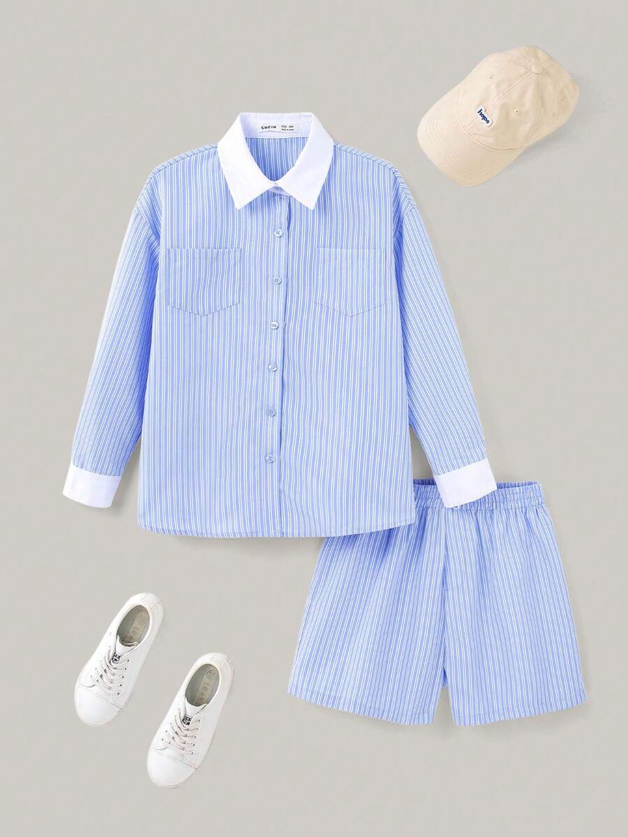 SHEIN 2pcs Tween Girls Blue And White Stripe Blouse And Shorts Set,Casual Loose Long Sleeve Oversized Shirt Two Piece Set For School,Autumn Back-To-School - Blue - View 1