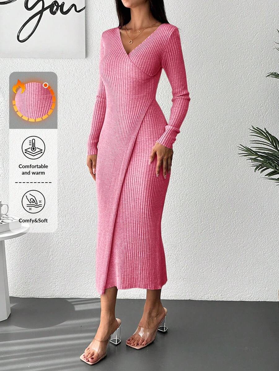 SHEIN Cottnline Women's V-neck Wrap Knit Sweater Dress - Pink - View 1
