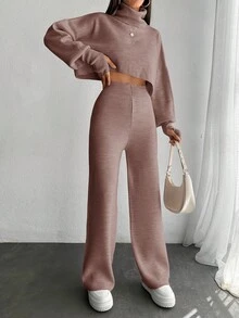 EURMUSE 2pcs Women Casual Long Sleeve Top And Pants Set - Dusty Pink - View 3