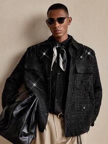 AKNOTIC Chaqueta negra de manga larga con un solo abotonadura y decoración con cuentas para hombre, otoño - Negro - Ver 4