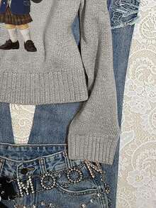 Attitoon Pulover cu mânecă lungă și guler rotund pentru femei, model de ursuleți de desene animate, potrivit pentru toamnă/iarnă - Gri - Vizualizare 4