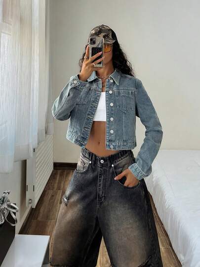 StreetHx 休闲街头复古风格纽扣口袋牛仔夹克