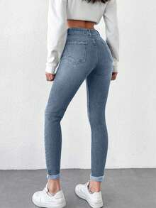 SHEIN Tall Quần denim ống rộng 100% cotton cao cấp dành cho nữ - Rửa trung bình - Xem 2