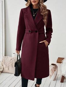 SHEIN Tall CURVE 大码女式经典休闲简约高领系带纽扣装饰口袋中长款秋季女式长款外套 冬季女式长款外套 - 酒紅色 - 查看 6