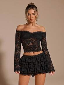 SHEIN BAE 1 Set Women's Black Off Shoulder Long Sleeve Lace Blouse & Low-Waist Layered Ruffle Hem Mini Skirt, Elegant Ruffle Hem 2-Piece Set, Lace Elegant Ladies Skirt, Autumn/Winter - Black - View 5