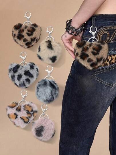 Kawaii Set de 2 llaveros/dijes con forma de corazón y bola de pelo con estampado de leopardo marrón/gris/rosa en estilo retro Y2K minimalista y elegante, adecuado para hermanas, mejores amigas, parejas, mujeres, uso diario y regalo para fiestas