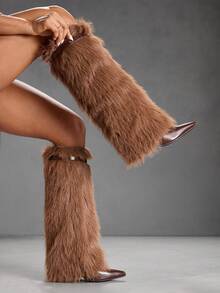 CUCCOO SZL Women's Black Pointed Toe Stiletto Heel Furry Warm Knee-High Boots, European And American Style For Autumn/Winter - Brown - View 7