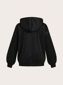 SHEIN EZwear Plus Size Women Black Casual Minimalist Floral Print Plus Size Long Sleeve Loose Open Front Hoodie Sweatshirt With Pockets, Autumn