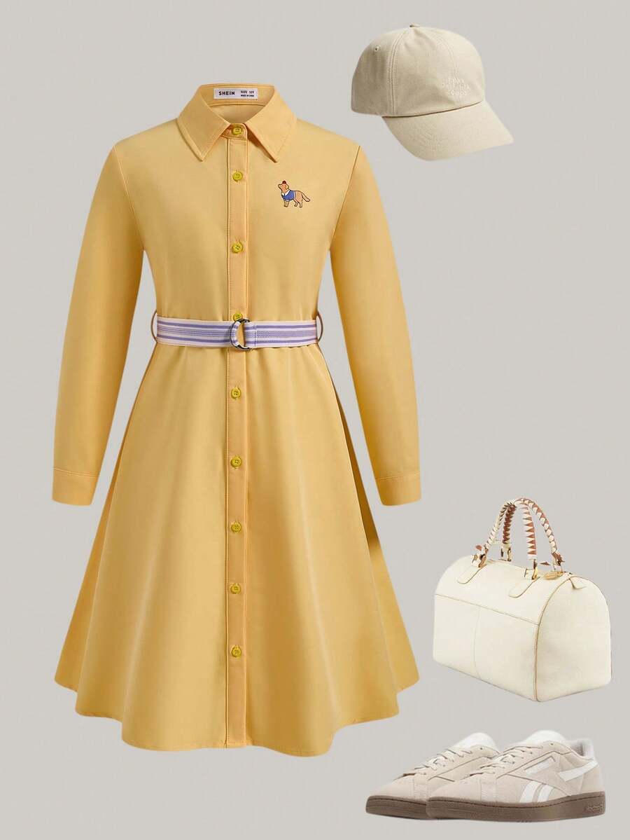 Joliand Joliand 1pc Tween Girls Elegant College Style Casual City Cute Puppy Decor Yellow Collar Long Sleeve Shirt Dress, With Blue & White Belt Included, Suitable For Outings, Gatherings, Back To School, Summer & Autumn Yellow Dress For Girls Tween Girl Dress Girls Collared Dress Girls Summer Dress Casual Dress For Girls Preppy Style Dress Tween Girls Dress Back To School  School  Clothes School Supplies Pet And Family Clothing ColorfulJoy Backtoschool - Yellow - View 1