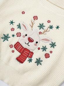 ROMWE Suéter de mujer con bordado lindo de renos y copos de nieve, Navidad - Albaricoque - Ver 5
