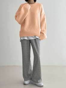 DAZY Áo len dáng rộng cổ tròn màu trơn cỡ lớn cho nữ, Thu/Đông - trái cam - Xem 5