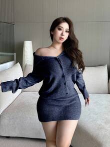 Flirla 大码女式纯色翻领纽扣前针织毛衣裙，适合秋冬季、返校/通勤穿着 - 寶藍色 - 查看 5