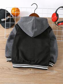 SHEIN 秋冬款小男孩休闲拼色连帽夹克 - 黑色 - 查看 5