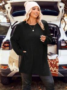 SHEIN LUNE Plus Size Women's Solid Color Round Neck Drop Shoulder Long Sleeve Loose Casual Pullover Sweater, Autumn/Winter - Black - View 5