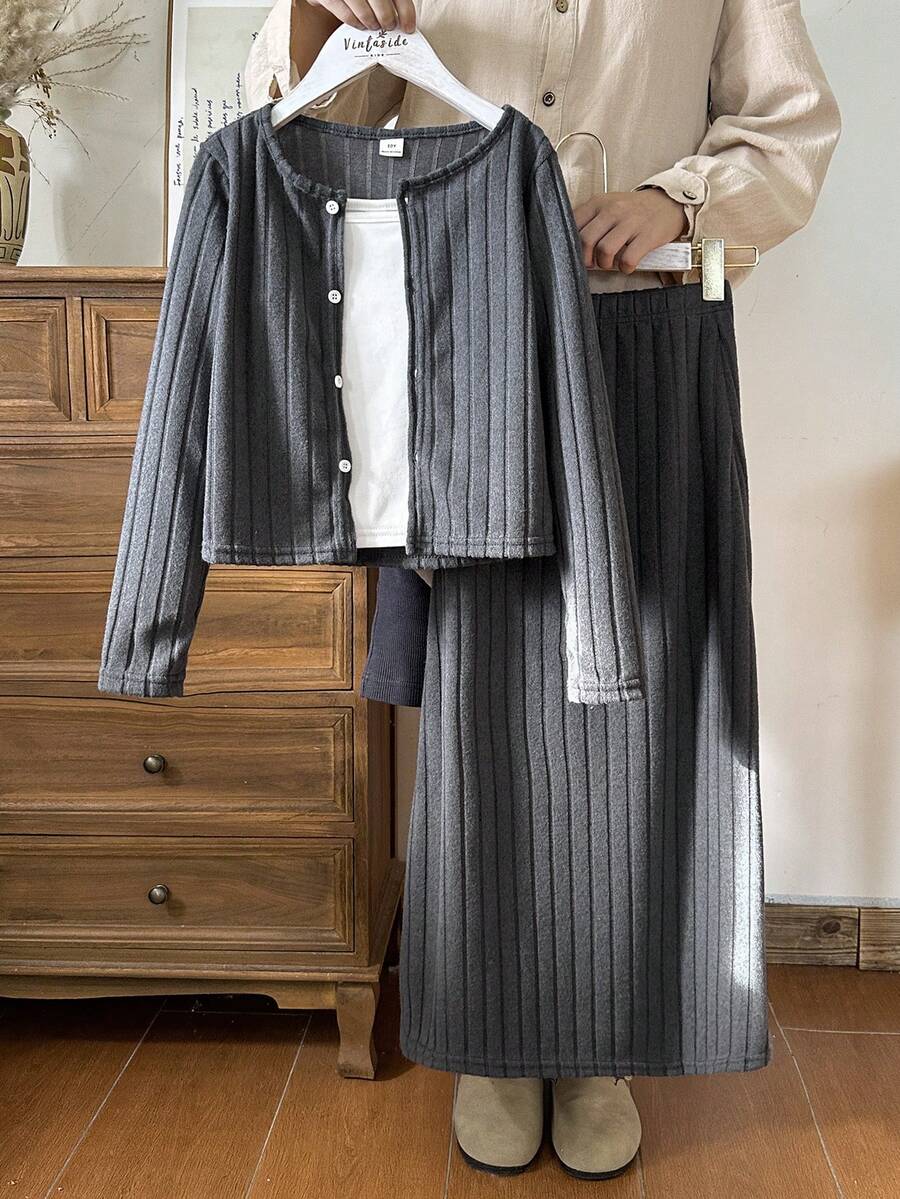 Vintaside Kids 3 件套休闲宽松纹理面料长袖上衣、吊带背心和 A 字裙套装，适合少女 - 深灰色 - 查看 1