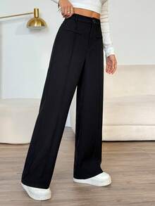 SHEIN PETITE 高腰黑色舒适直筒裤 - 黑色 - 查看 3