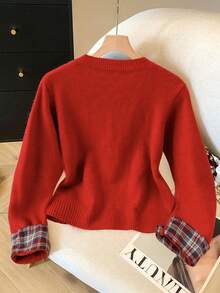 Franclia French Round Neck Plaid Patchwork Regular Cardigan For Women, Autumn/Winter Fashionable Casual Red Plaid Crew Neck Cardigan, Button-Down Long-Sleeve Cardigan, Casual New Year, Back-To-School Season, For Going Out, Winter, Everyday Home Wear, Red Plaid Cuffs Red Top - Red - View 2