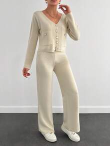 EURMUSE 2-Piece Floral Button Up Cardigan & Pants Set - Cream - View 5