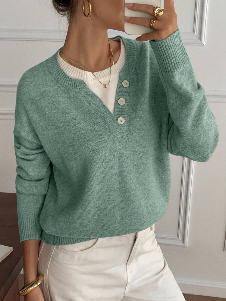 Casual Color Block Henley Neck Pullover, Soft Knit 2 In 1 Sweater For Women