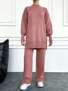 EURMUSE Women's Sparkly Diamond Design Long Sweater And Knitted Pants Two Piece Set - Dusty Pink - View 5