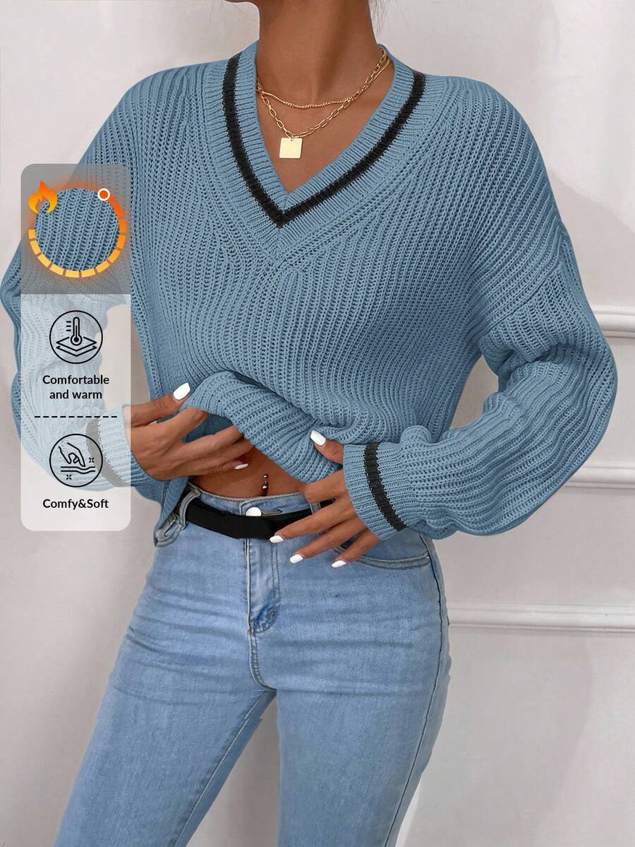 Striped Trim Drop Shoulder Cricket Sweater