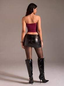 TRNVIE 1 pieza Camiseta sin espalda con pliegues elásticos y estampado de cocodrilo morado para mujer, sexy y casual para fiestas, club, San Valentín, vacaciones, estilo hippie - Burdeos - Ver 2