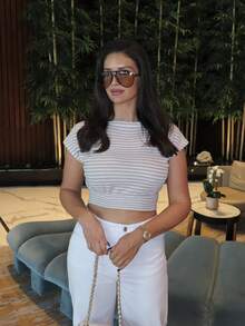 MDEdit New Fashionable Asymmetrical Shoulder Striped Top With Asymmetric Hem, Casual & Versatile, Figure Flattering Design In Apricot