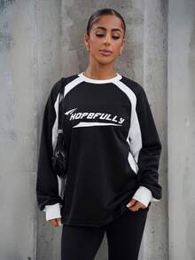 SAYEHFBABY Women's Fall/Winter Streetwear Basic Athleisure Preppy Graphics Color-Blocked Long Sleeve Sweatshirt,Long Sleeve Tops - Black - View 1