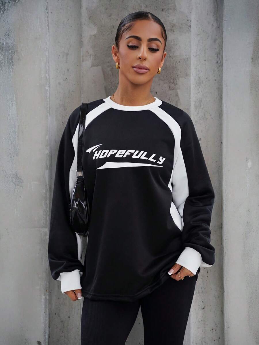 SAYEHFBABY Women's Fall/Winter Streetwear Basic Athleisure Preppy Graphics Color-Blocked Long Sleeve Sweatshirt,Long Sleeve Tops - Black - View 1