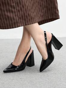 CUCCOO BIZCHIC Women's Fashion Pointed Toe Chunky High Heel Black Minimalist Pumps, Backstrap Slingback Heels For Daily Commute, Work, Shopping, Party, Suitable For Women