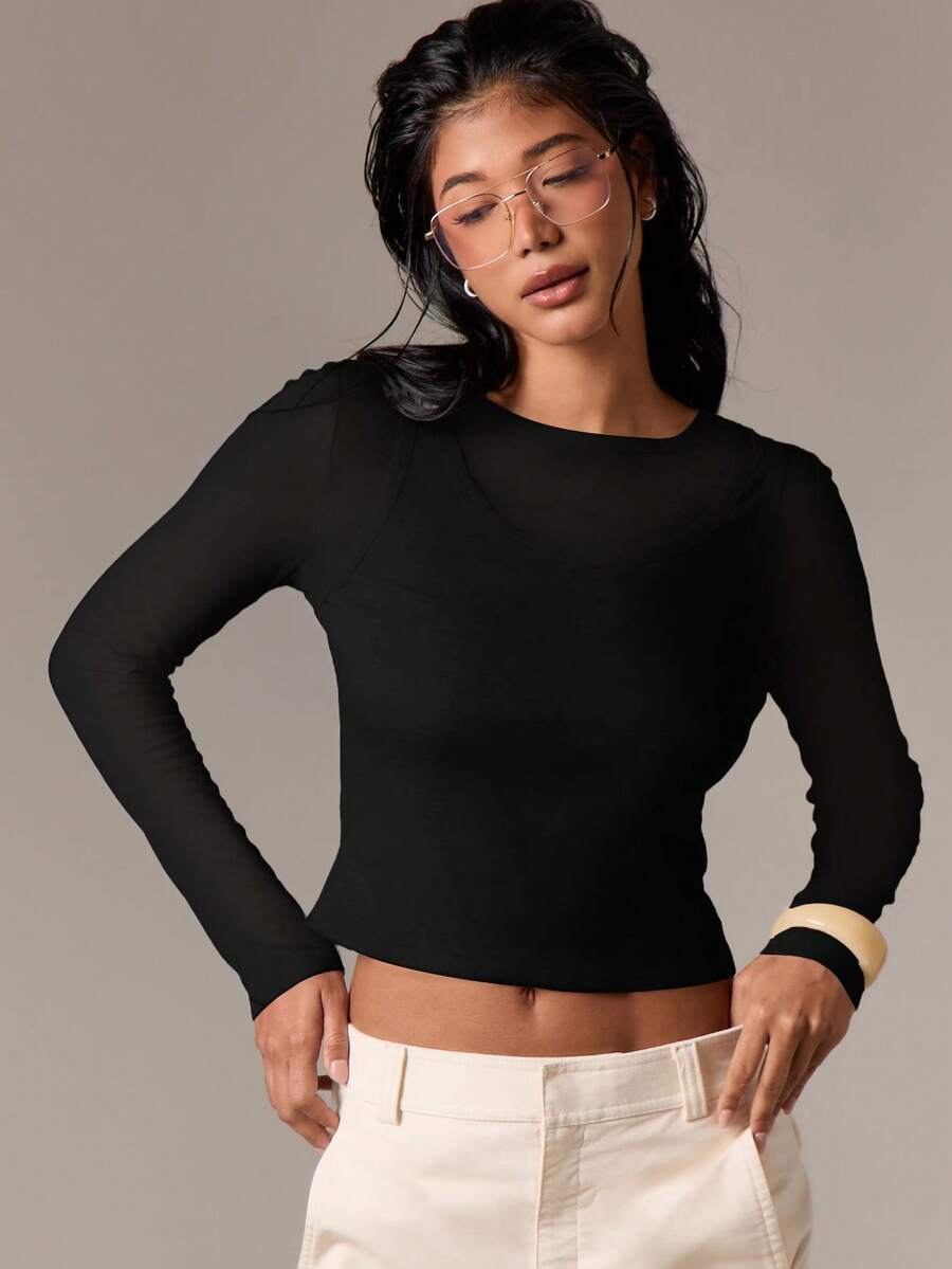 AiiRZ Long Sleeve Layered Crop Top With Round Neckline Fitted Silhouette Basic Essential - Black - View 1