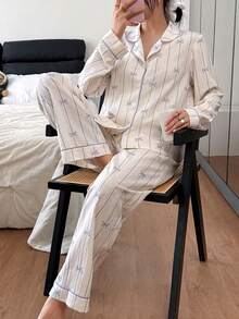 SHEIN 女士蝴蝶条纹印花翻领长袖上衣和裤子睡衣套装，冬季服装 - 紫色 - 查看 1