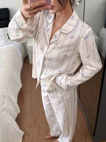 SHEIN 女士蝴蝶条纹印花翻领长袖上衣和裤子睡衣套装，冬季服装 - 紫色 - 查看 3