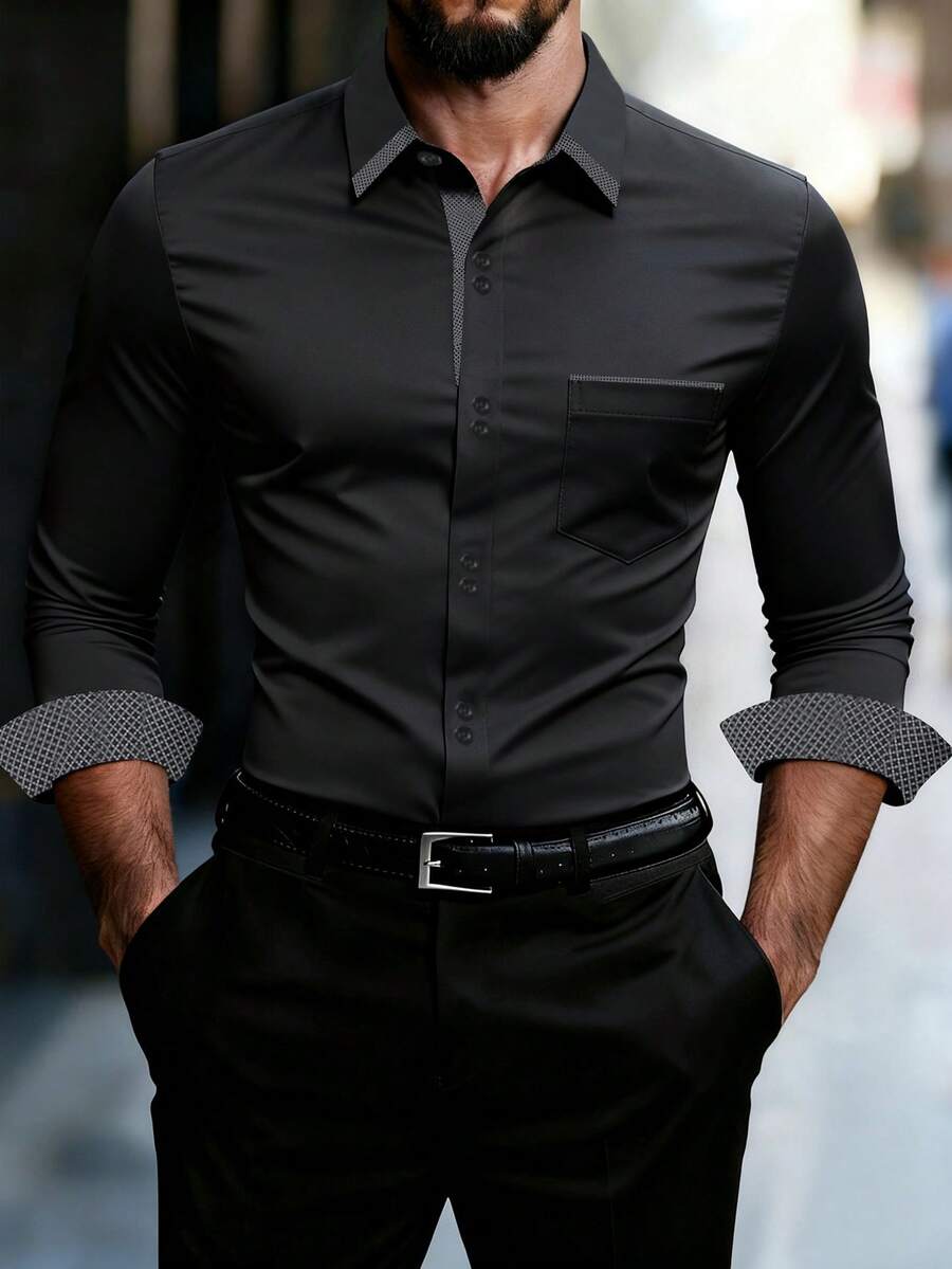 Manfinity Mode 男士拼布格子单排扣休闲长袖衬衫，秋季