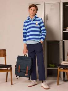 PrepCrw 2pcs Tween Girls Elegant College Style Urban Dog Graphic Colorful Striped Long Sleeve Polo Shirt And Navy Blue Pants Set, Suitable For Outings, Gatherings, Back To School, Autumn And Winter Toddler Boy Outfit Boys Blue Striped Shirt Boys Navy Pants Boys Cruise Outfit Boy Striped Polo Shirt Boy Stripe Outfit Blue Boys Outfit Boys Polo Shirt Outfit Kids Navy Pants  Backtoschool,Fall,Old Money - Multicolor - View 2