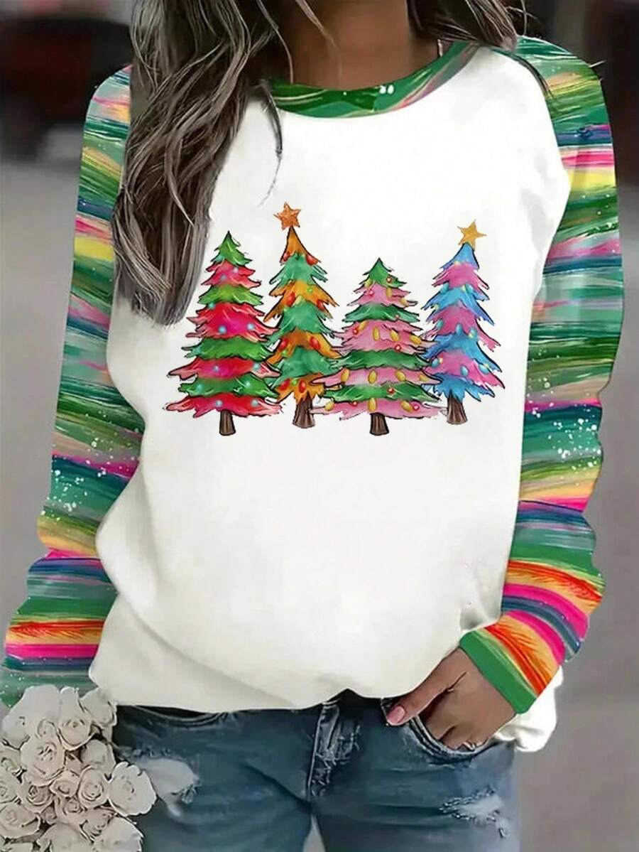 EMERY ROSE Damen Große Größen Weihnachtsbaum Muster Raglan Langarm Lässig Crew Neck Sweatshirt - Verschiedenfarbig - Übersicht 1