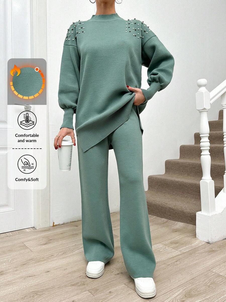 EURMUSE Women's Round Neck Drop Shoulder Long Sleeve Sweater And Sweater Pants Two Piece Set - Mint Green - View 1