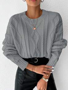 EURMUSE Cable Knit Drop Shoulder Sweater - Light Grey - View 3