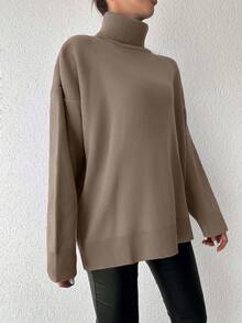 EURMUSE Ladies' Solid Color High Neck Rib Knit Drop Shoulder Sweater - Camel - View 4
